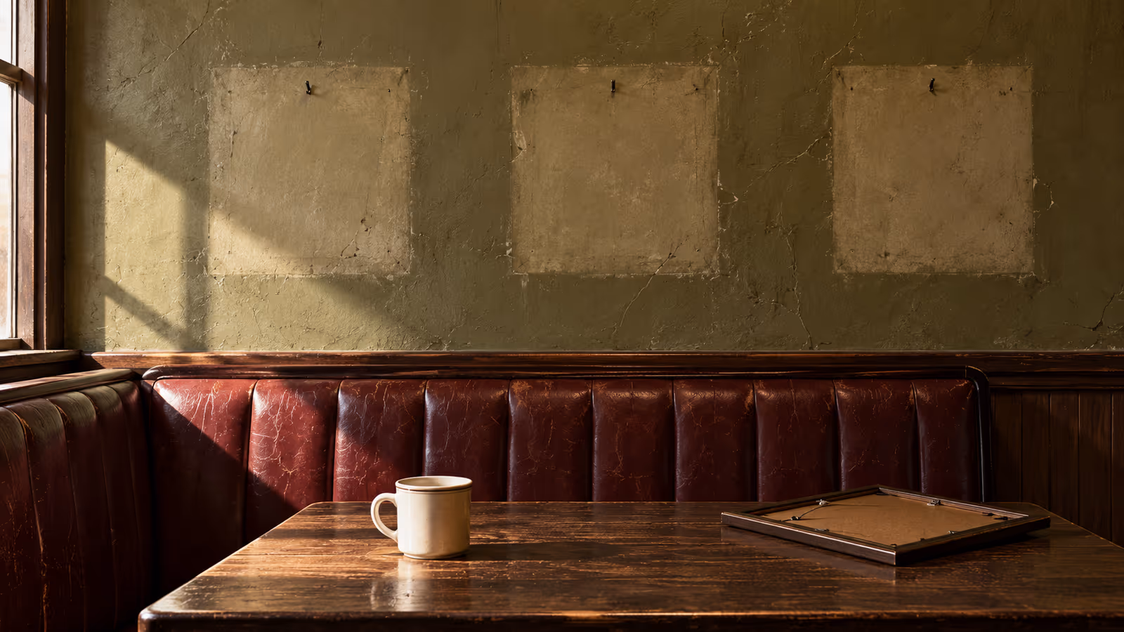 An empty restaurant booth beneath pale wall marks where familiar framed pictures have been removed; one frame lies face down on the table.