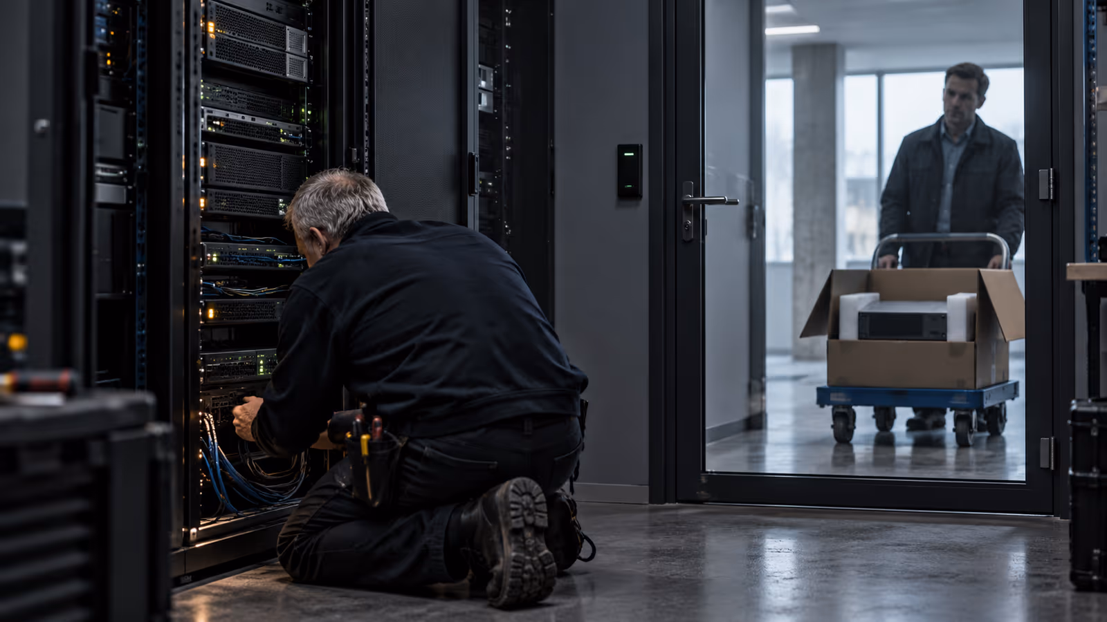 A technician concentrates on repairing existing equipment while a visitor waits beyond a closed glass door with a boxed replacement.
