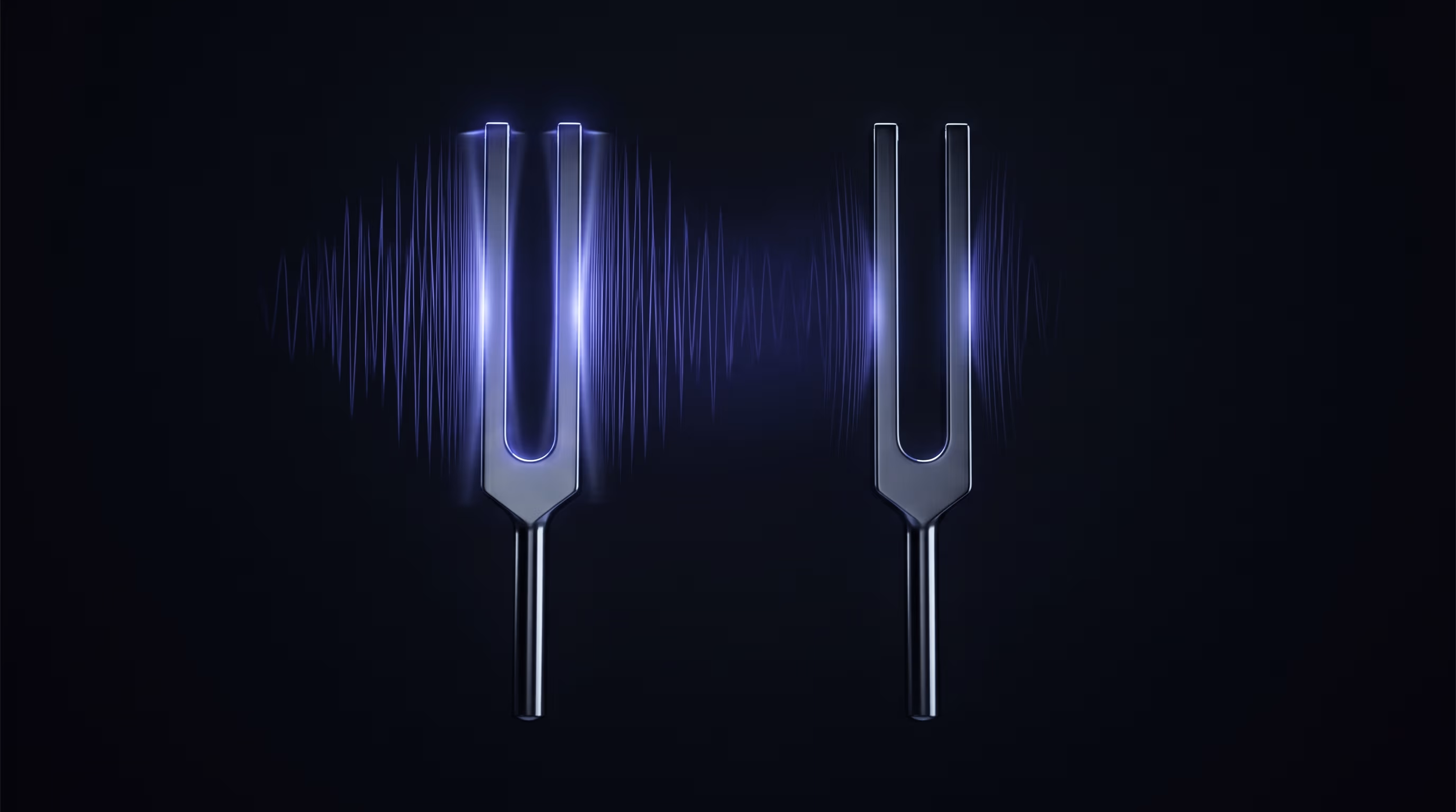 Two tuning forks suspended in dark space — the left struck and ringing in indigo, the right unstruck but vibrating in sympathy at the same frequency