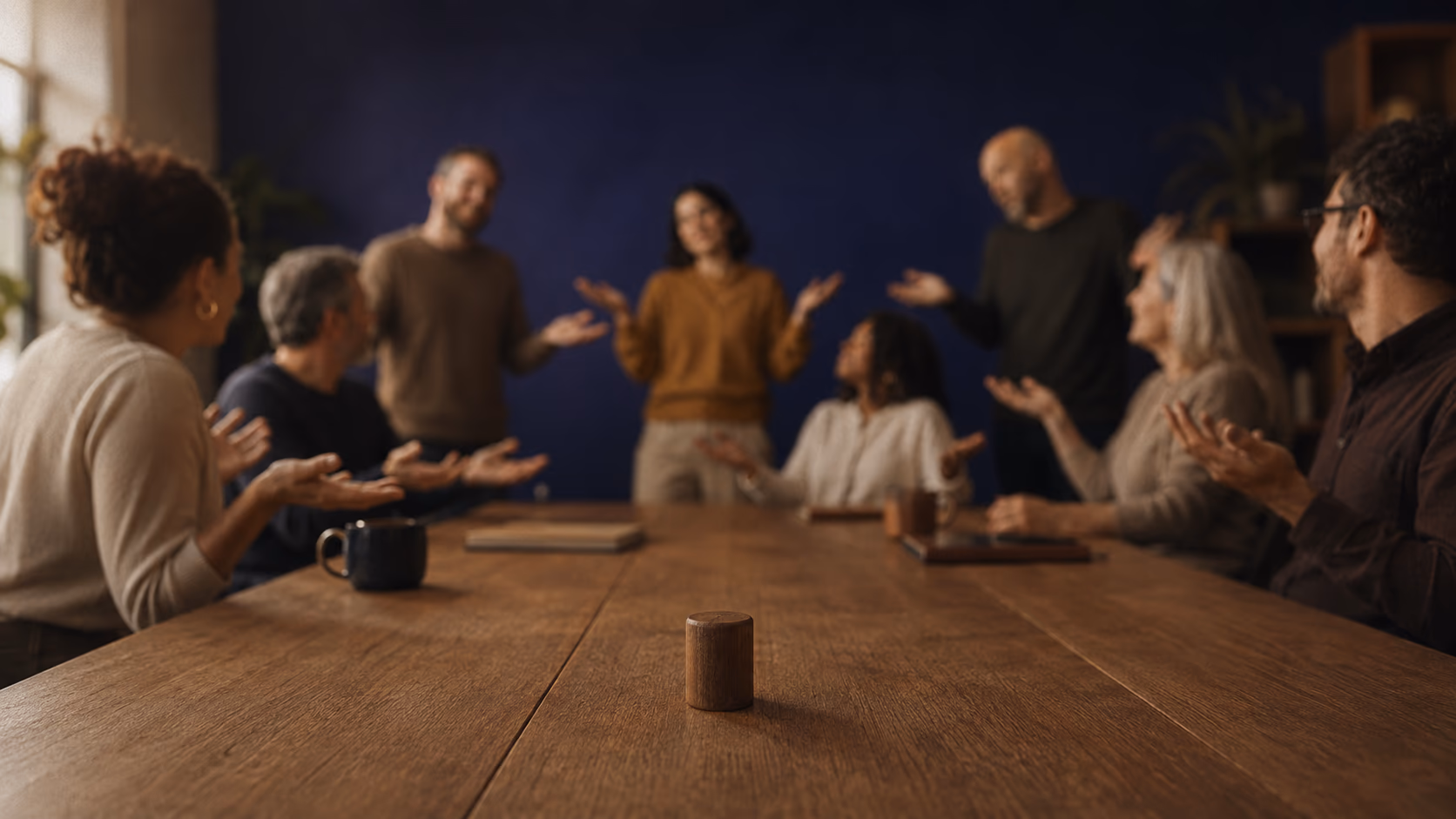 A group of professionals around a wooden table, all mid-shrug in unison, with a single small wooden peg quietly resting in the foreground on the table.