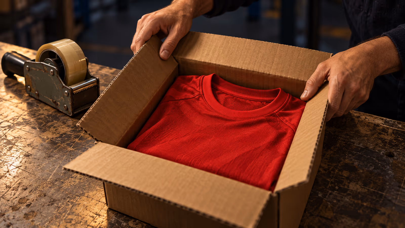 Hands prepare to close a shipping carton containing an unbranded red shirt on a worn packing bench.