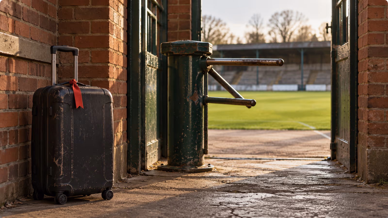 A travel suitcase stands beside a worn turnstile at an imagined small-town football ground, with the pitch visible beyond.